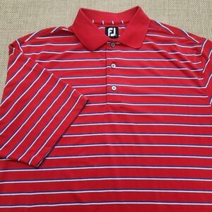 FootJoy FJ Golf Polo Shirt Mens Large Red White Blue Striped Polyester Stretch‎